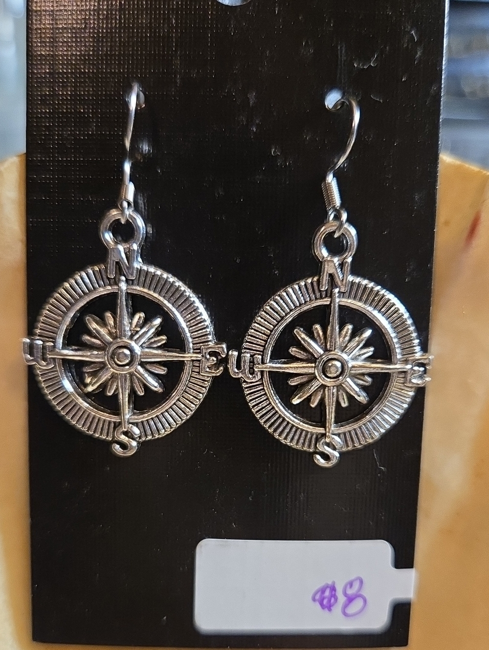 Silver Compass Rose Drop Earrings - Nautical Pendant Earrings